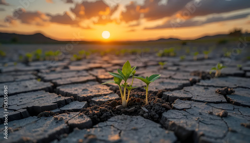 New life sprouts from cracked earth during a scenic sunset, conveying resilience and hope against environmental challenges.