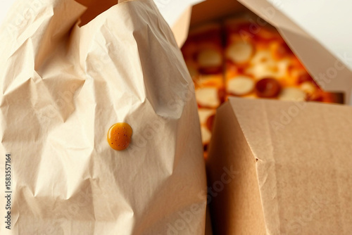 Paper bag for fast food. PFAS in paper food packaging. Concept of using toxic packaging containing PFAS