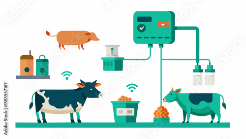 Automated feeding systems that adjust feed amounts based on realtime health data ensuring each animal receives the correct nutrition for their specific needs.. Vector illustration