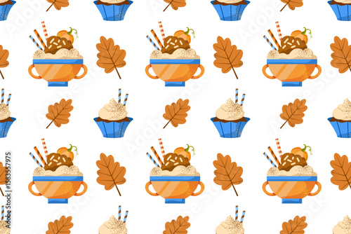 Autumn desserts flat seamless pattern. Pumpkin spice latte and cupcakes vector texture. Cappuccino, cake and leaves backdrop. Fall season food wrapping paper, wallpaper, textile design