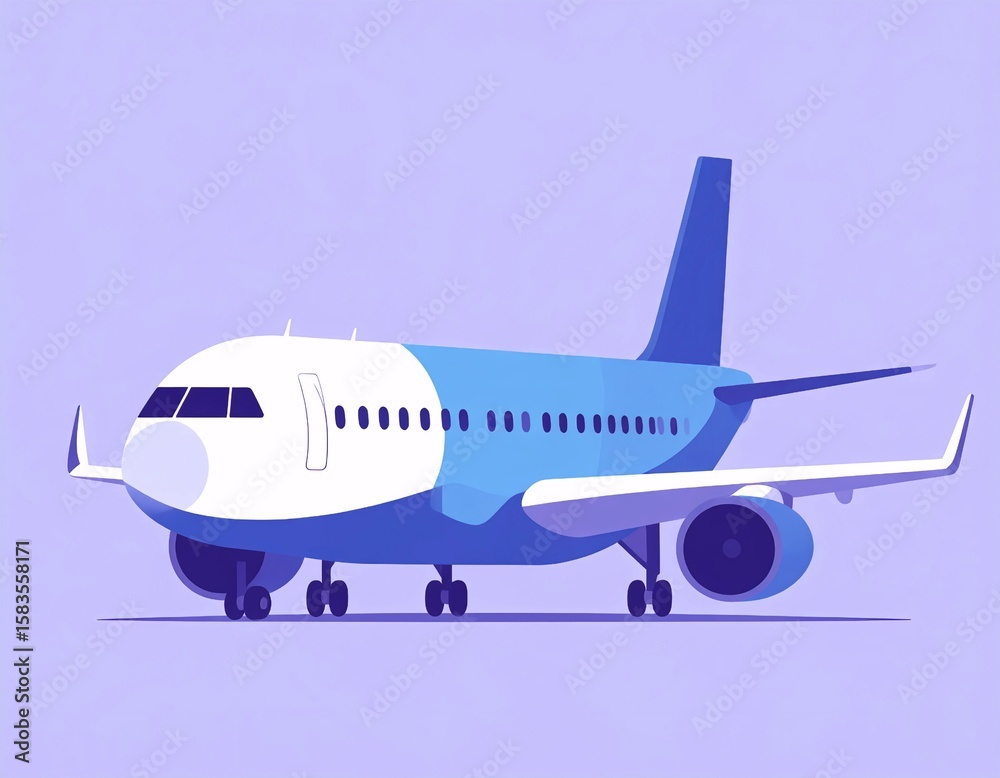 Obraz premium A stylized illustration of a passenger jet on a light purple background.