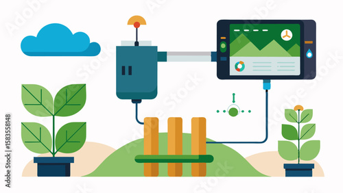 An irrigation controller connected to an AIpowered crop water usage model automatically adjusting water usage based on realtime data to prevent overwatering.. Vector illustration
