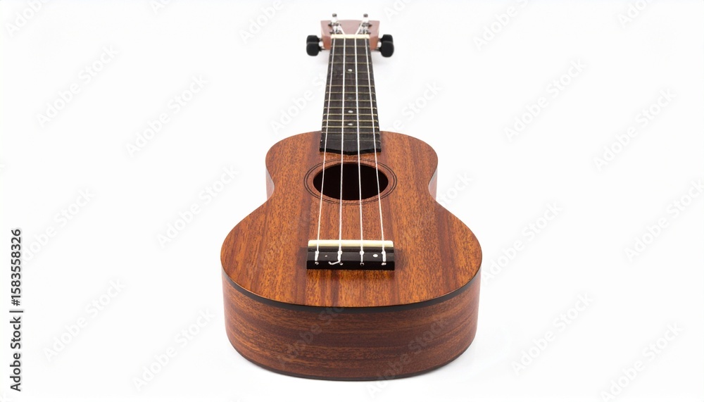 Obraz premium A wooden ukulele with warm grain and modest size rests quietly—its four strings, fretted neck, and circular sound hole evoke softness, creative intimacy, and the humble architecture of melody