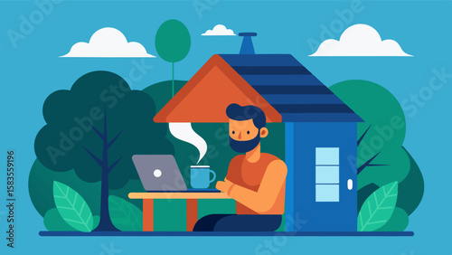 The aroma of freshly brewed coffee fills the air as a freelancer sips on their drink while typing away on their laptop in their treehouse workspace.. Vector illustration