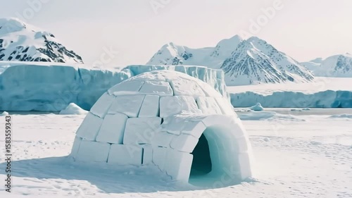 An isolated igloo stands majestically amidst a vast, pristine arctic landscape of snow and ice