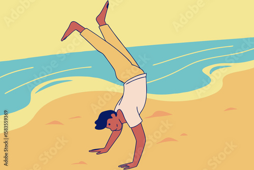 Man doing handstand on sunny beach in modern flat illustration style