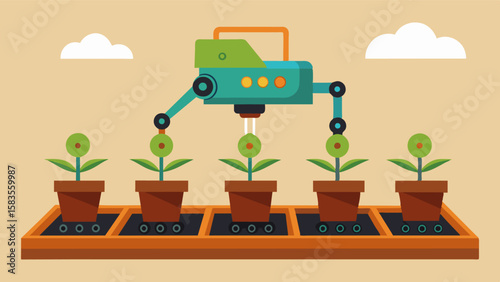 An automated seed planter using robotic arms to place seeds in soil at the optimal depth and spacing for maximum growth.. Vector illustration