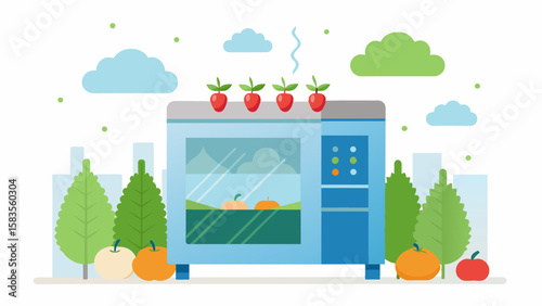 An illustration of a misting system within a smart storage unit providing a fine layer of moisture to prevent dehydration of stored produce.. Vector illustration