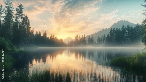 Panoramic view of a beautiful forest lake during sunrise