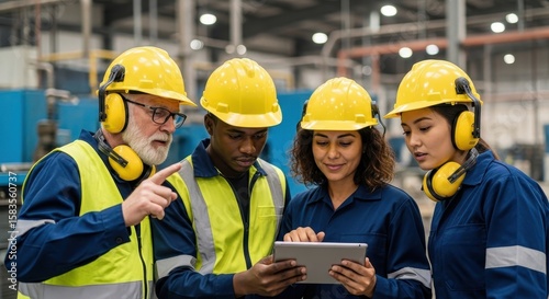 Four diverse factory workers in hard hats using a tablet