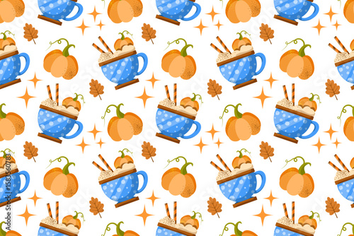 Autumn desserts flat seamless pattern. Pumpkin spice latte and cupcakes vector texture. Cappuccino, cake and leaves backdrop. Fall season food wrapping paper, wallpaper, textile design