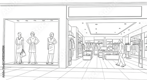 Elegant clothing store illustration showcasing mannequin display and shoppers