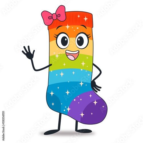 Cute cartoon rainbow sock character with sparkles, big eyes, a bow, and a happy expression, waving and smiling on white background.