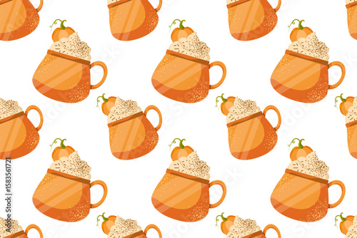 Autumn desserts flat seamless pattern. Pumpkin spice latte and cupcakes vector texture. Cappuccino, cake and leaves backdrop. Fall season food wrapping paper, wallpaper, textile design