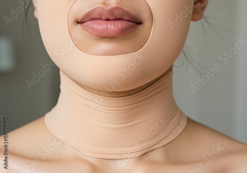 Woman Wearing Beige Compression Chin and Neck Mask for Skincare or Post-Surgery Recovery.