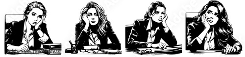 Four drawings of a tired exhausted businesswoman