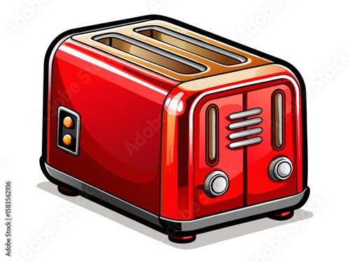 Realistic high-quality red two-slice toaster with stainless steel details, isolated on white background. Modern kitchen appliance designed for evenly toasting bread. Vector illustration