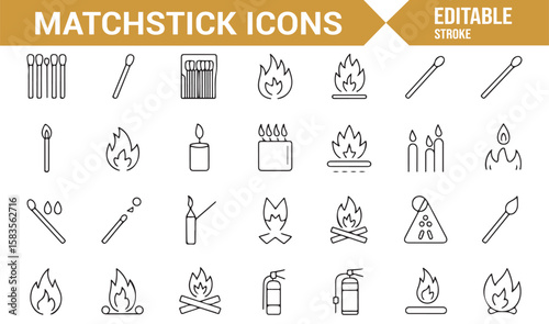 Matchstick and Flame Icons for Lighting, Fire Safety, and Combustion-related Design