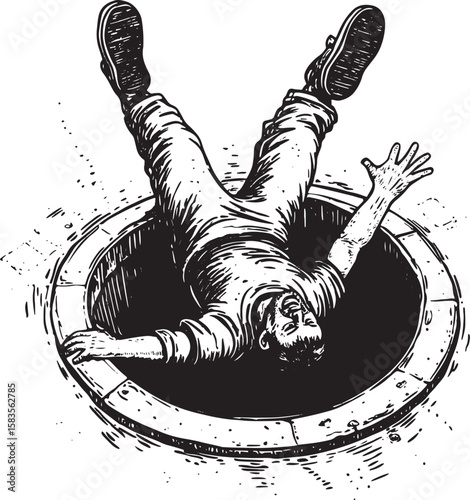 man falling into open manhole sketch engraving vector illustration. T-shirt apparel print design. Scratch board imitation. Black and white hand drawn image.