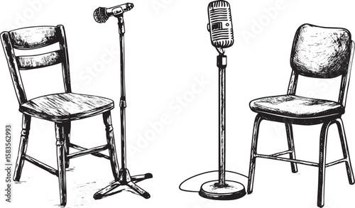 Chair and microphone sketch raster illustration