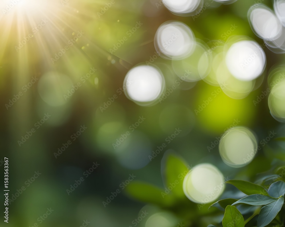 Obraz premium Defocused green nature background with sunlight and bokeh effect, ideal for eco, wellness, or spa design