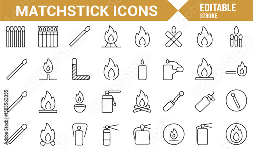 Matchstick and Fire-related Icons Set for Lighting, Safety, and Emergency Situations