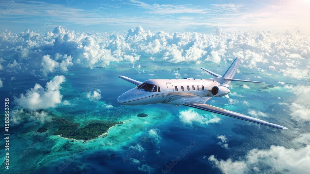 Fototapeta premium Private Jet Soaring Above Tropical Islands Luxurious Aerial View of Airplane Flight