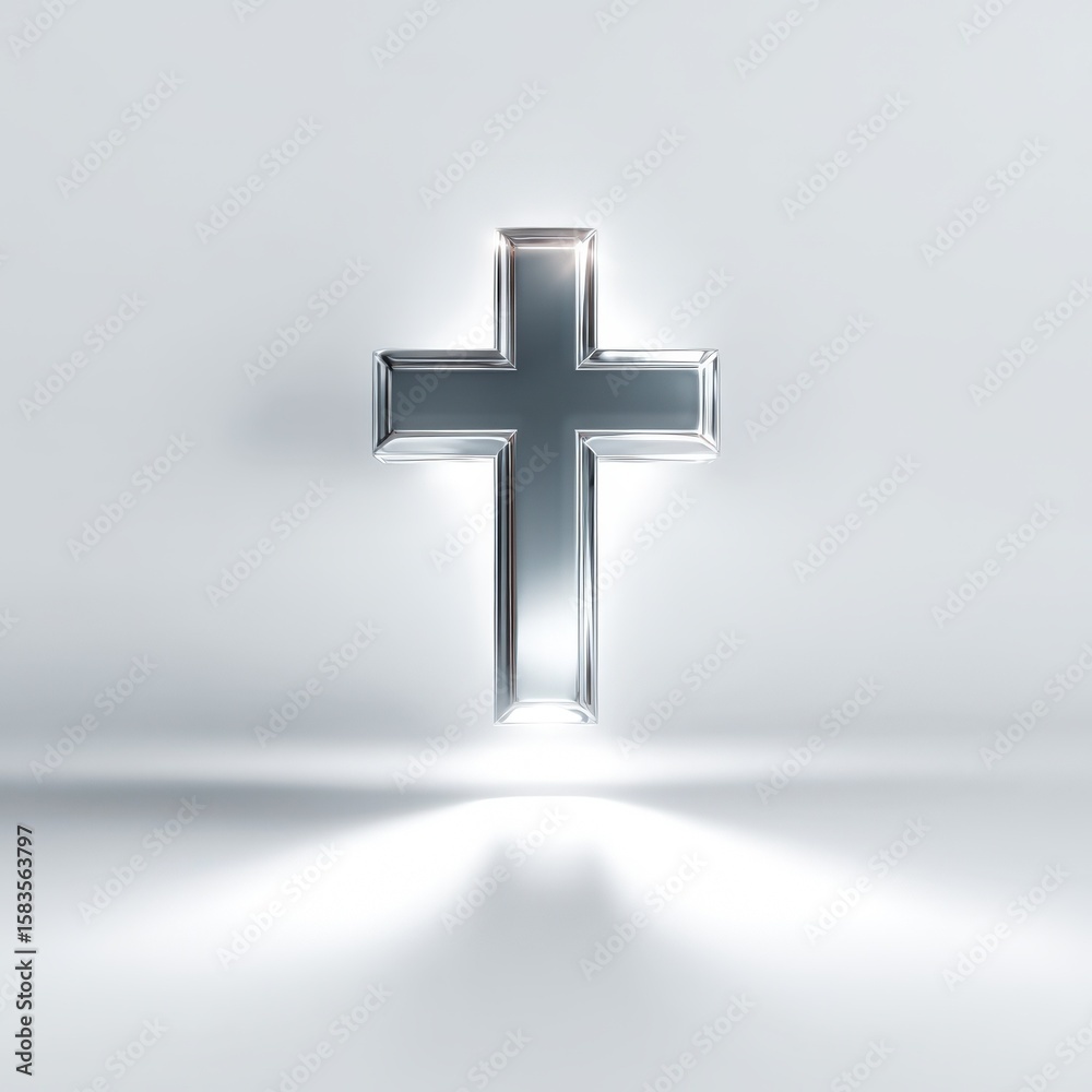 Obraz premium Shining Silver Christian Cross Symbol on White Background Elegant Religious Faith Image