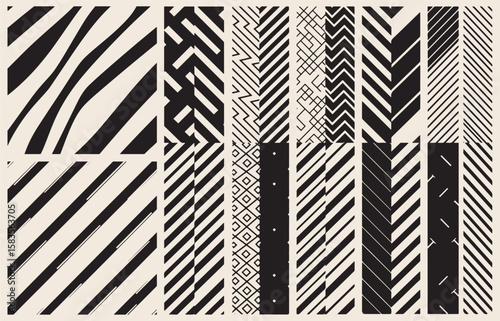 A collection of abstract geometric patterns featuring black lines on a light beige background in a grid layout
