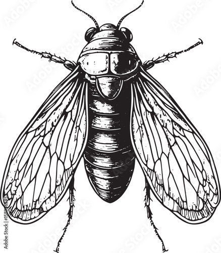Cicadidae cicada insect animal sketch engraving vector illustration. T-shirt apparel print design. Scratch board imitation. Black and white hand drawn image.
