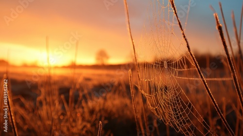 A close-up of a dewy spider web glistening in the sunrise over a serene field landscape