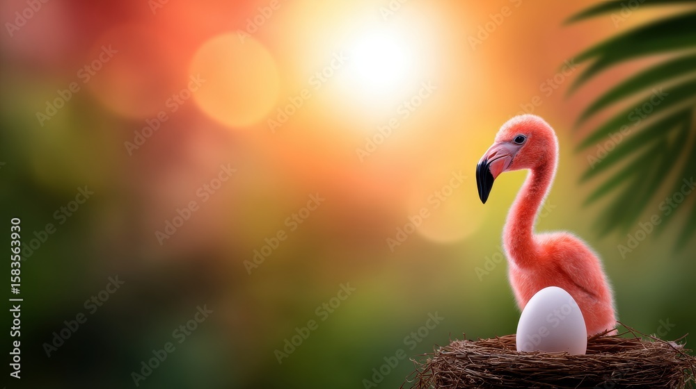 Fototapeta premium A vibrant pink flamingo chick sitting in a nest beside a single egg, with a colorful sunset backdrop