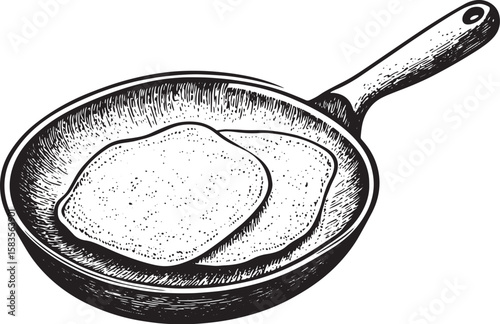 Turning a pancake in flight over a frying pan during frying sketch engraving vector illustration. T-shirt apparel print design. Scratch board imitation. Black and white hand drawn image.