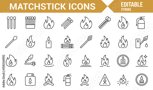 Icon Collection of Matches, Fire, and Fire Safety Elements in Line Art Style
