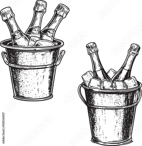 champagne in an ice bucket line art sketch engraving vector illustration. T-shirt apparel print design. Scratch board imitation. Black and white hand drawn image.