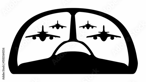 Silhouette view from a cockpit with three fighter jets flying in formation in the sky ahead | editable eps vectors