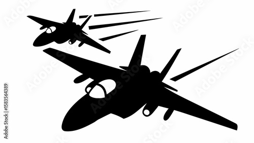 Two fighter jets flying in formation with motion lines suggesting speed and movement in a monochrome style | editable eps vectors silhouette