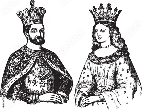 royal couple queen and king line art sketch engraving vector illustration. T-shirt apparel print design. Scratch board imitation. Black and white hand drawn image.