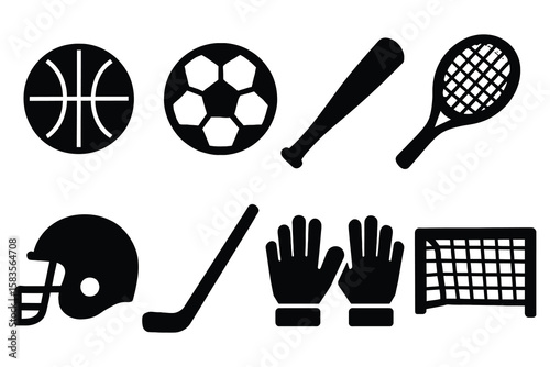 Sports equipment icons basketball soccer ball