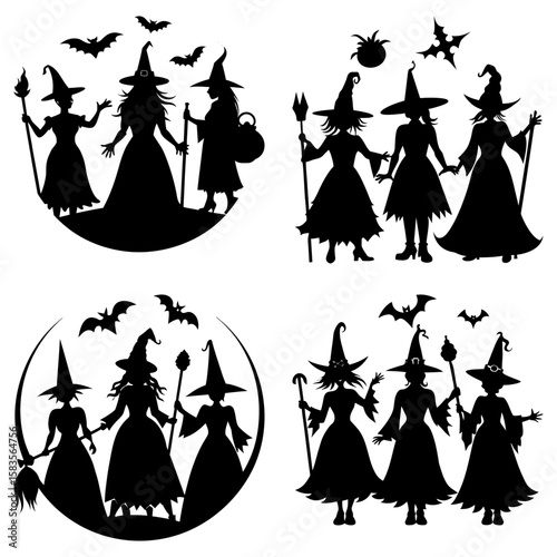 Silhouettes of four halloween themed witch groups with bats in a circular arrangement design