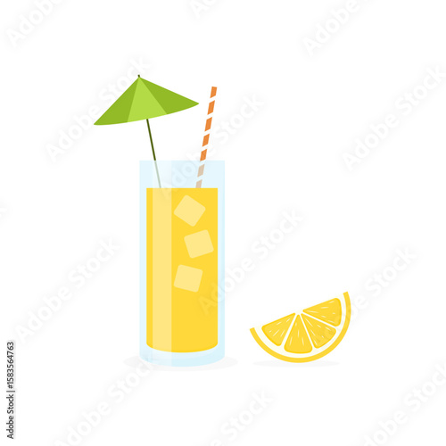 Cocktail with lemon and straw. Vector illustration in flat style. Lemonade. A glass of lemonade with ice and a slice of lemon. Refreshing summer drink on a white background