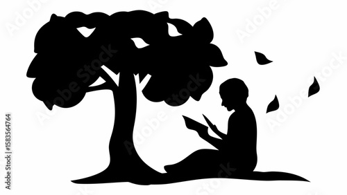 Silhouette of a person reading a book under a tree with falling leaves in a monochrome black and white scene | editable eps vectors