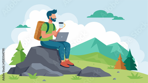 Balancing on a mosscovered rock a weary hiker breathed in the fresh mountain air as they refueled with a mug of coffee and some laptop research.. Vector illustration