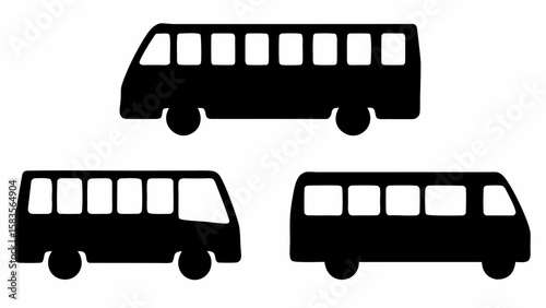 Three black bus silhouettes with rectangular windows and rounded wheels on a white background design vector | editable eps vectors