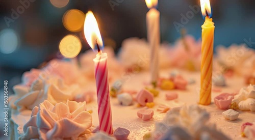 Three Candles Burning On A Creamy Frosted Birthday Cake Close Up View