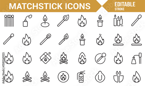 Match and Flame Icons Set Featuring Matches, Fire Extinguishers, and Fire Hazards