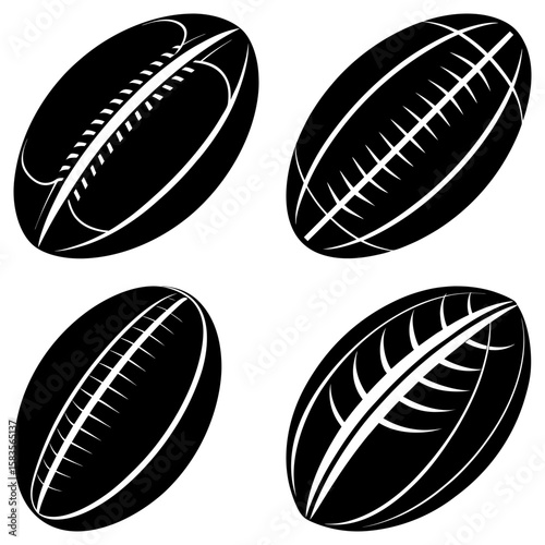 Four stylized black and white rugby balls displayed in a square arrangement on a white backdrop