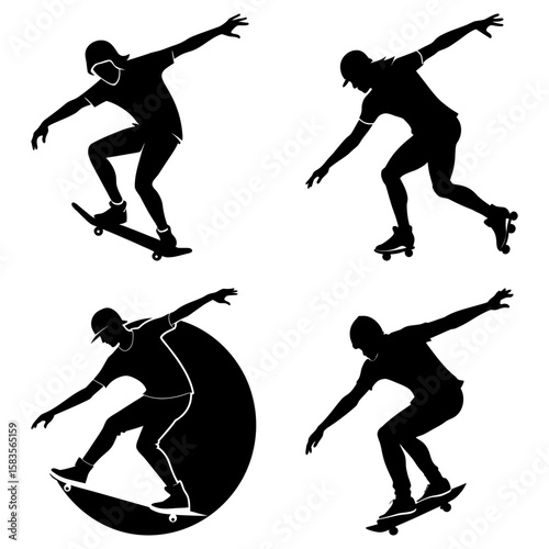 Silhouette illustrations of skateboarders and roller skaters in various action poses and positions