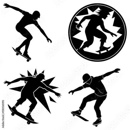Silhouettes of skateboarders performing tricks and stunts with various backgrounds and action poses shown