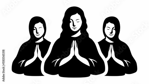 Three stylized figures in prayer with hands clasped in a black and white illustration style | editable eps vectors silhouette